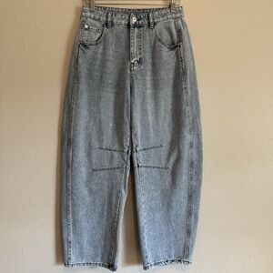 High Rise Western Barrel Leg Horseshoe Jeans Light Wash Knee Dart Denim Size 6